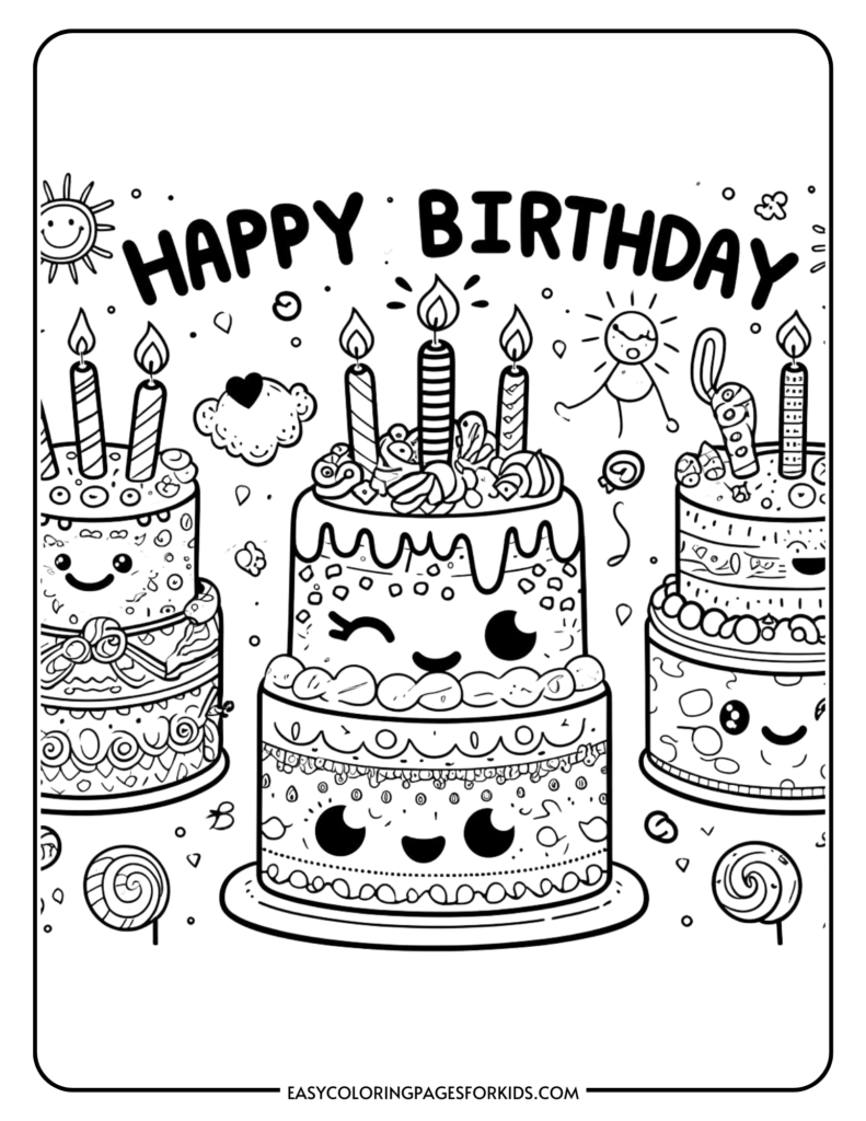 Colorful birthday cake design perfect for coloring fun