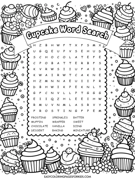 Cupcake Word Search for Kids (Free Printable)