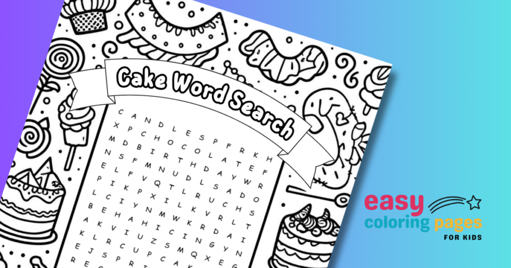Cake-themed word puzzle for kids with coloring page background, provided by Easy Coloring Pages for Kids.
