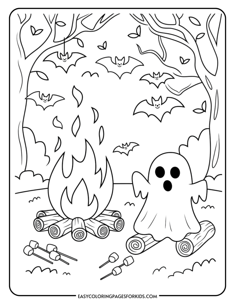 Coloring page featuring a friendly ghost beside a campfire, surrounded by bats and trees, perfect for Halloween-themed activities for kids.