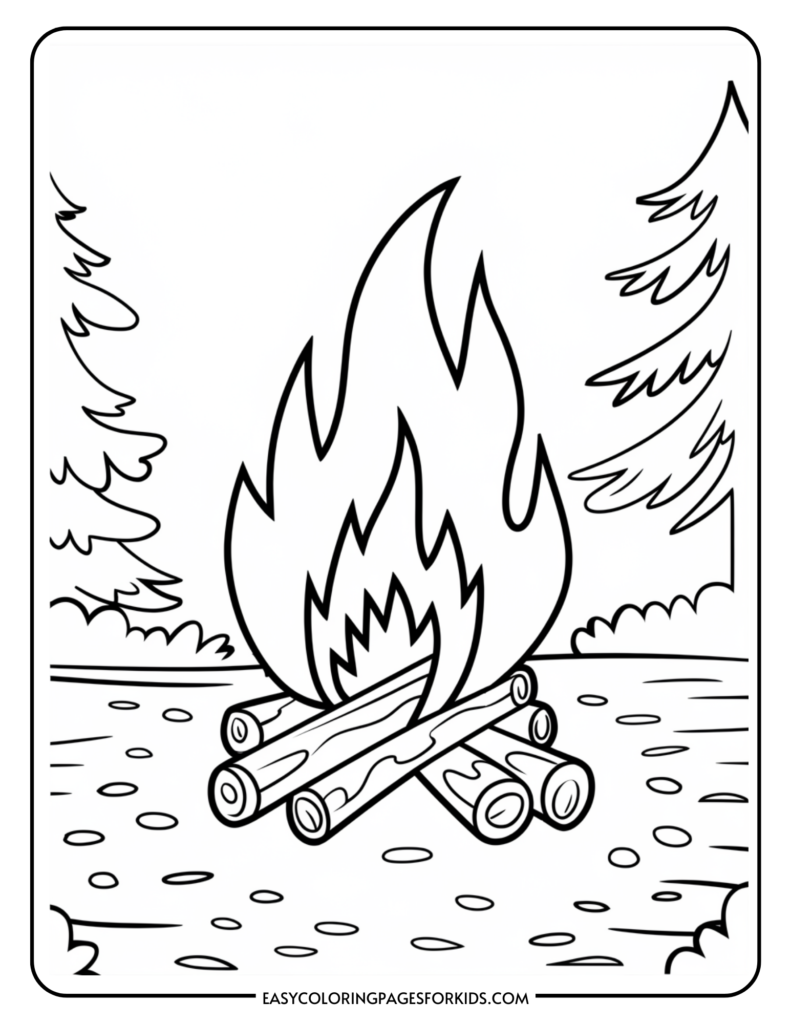Campfire coloring page featuring logs and flames, surrounded by trees in a natural setting, ideal for kids' art activities.