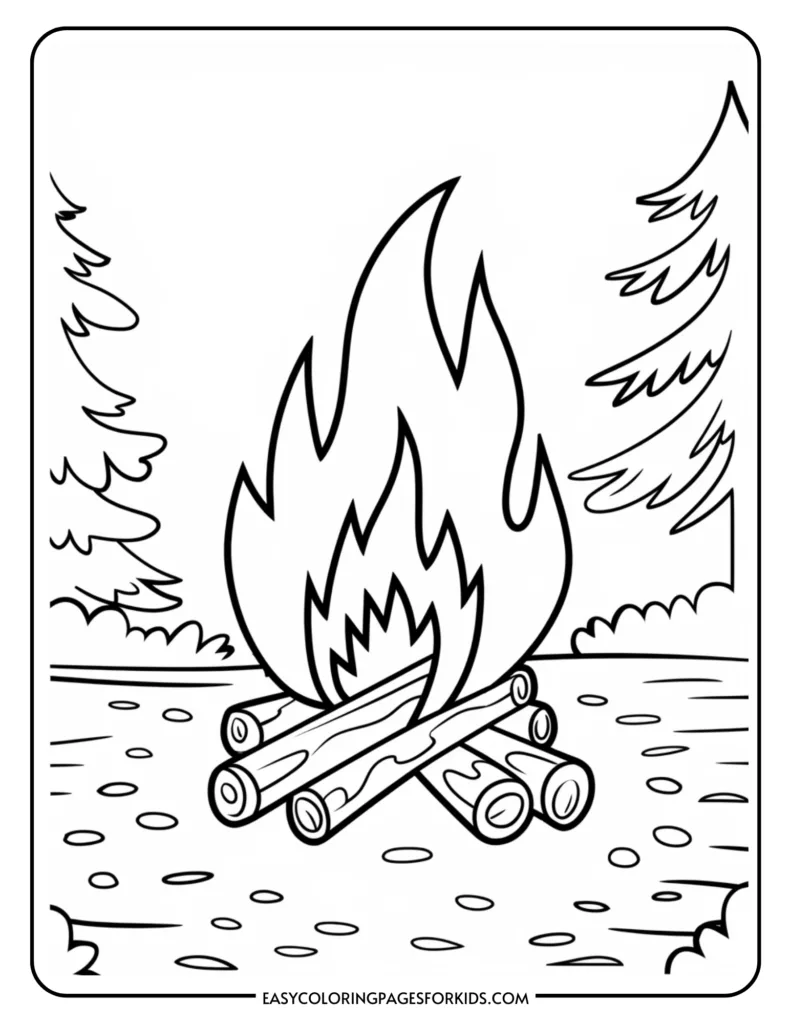 Campfire coloring page featuring logs and flames, surrounded by trees in a natural setting, ideal for kids' art activities.