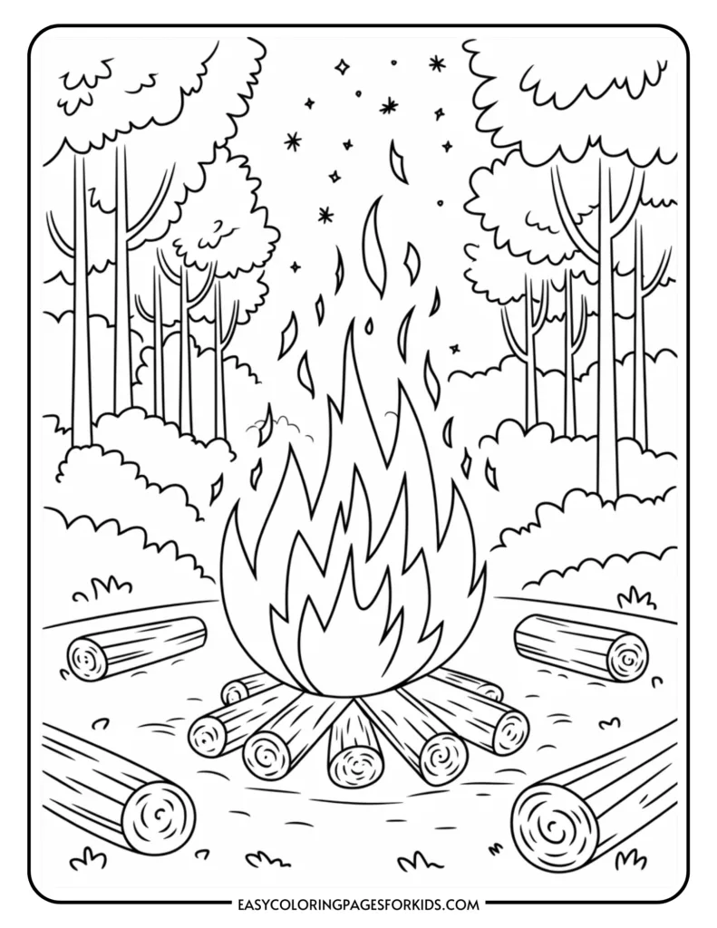 Black and white coloring page featuring a campfire surrounded by logs in a forest setting, with trees and stars in the background, ideal for kids' artistic activities.