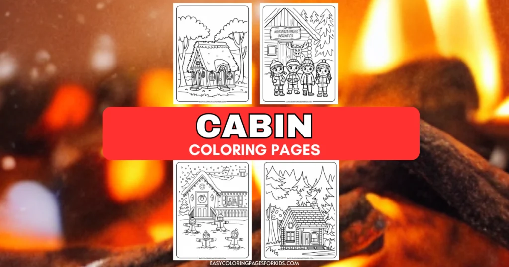 Coloring pages featuring cozy cabin scenes, including a whimsical cabin, children in winter attire, and a snowy landscape, perfect for kids' creative activities.