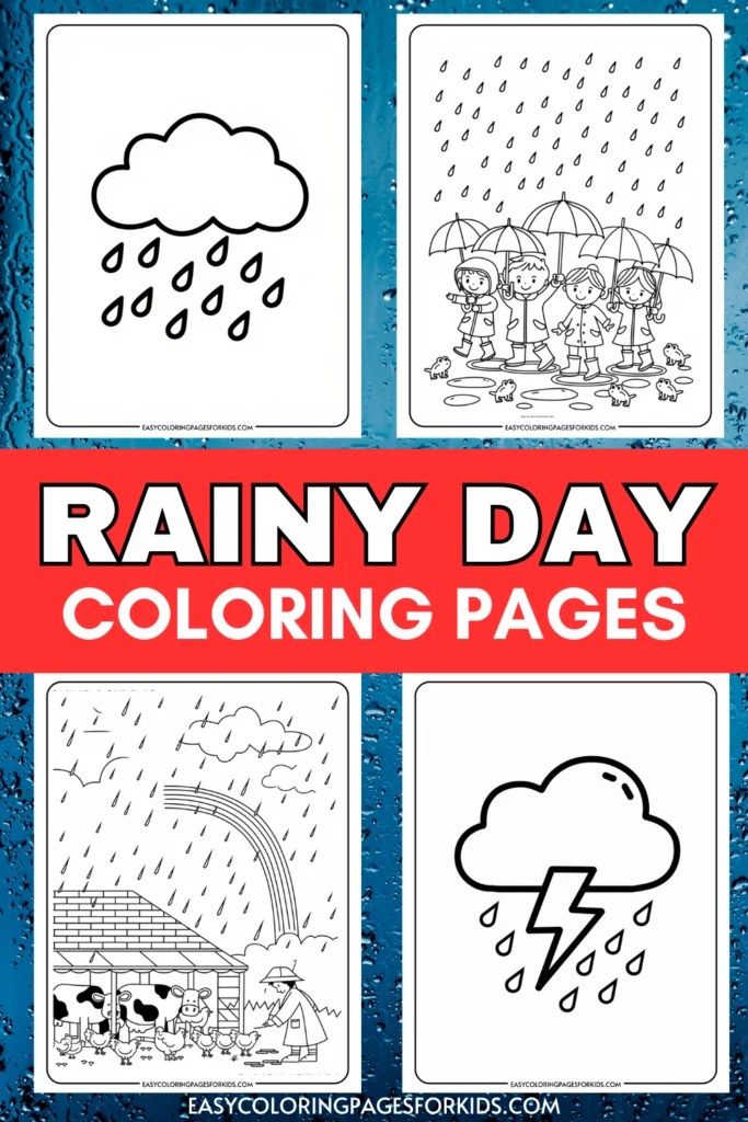Rainy day coloring pages featuring simple, fun designs for kids. Includes illustrations of raindrops, children with umbrellas, a rainbow, and storm clouds. Perfect for indoor activities during rainy weather.