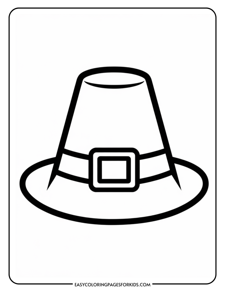 Black and white outline illustration of a traditional Pilgrim hat, featuring a wide brim and a square buckle, suitable for coloring activities for kids.
