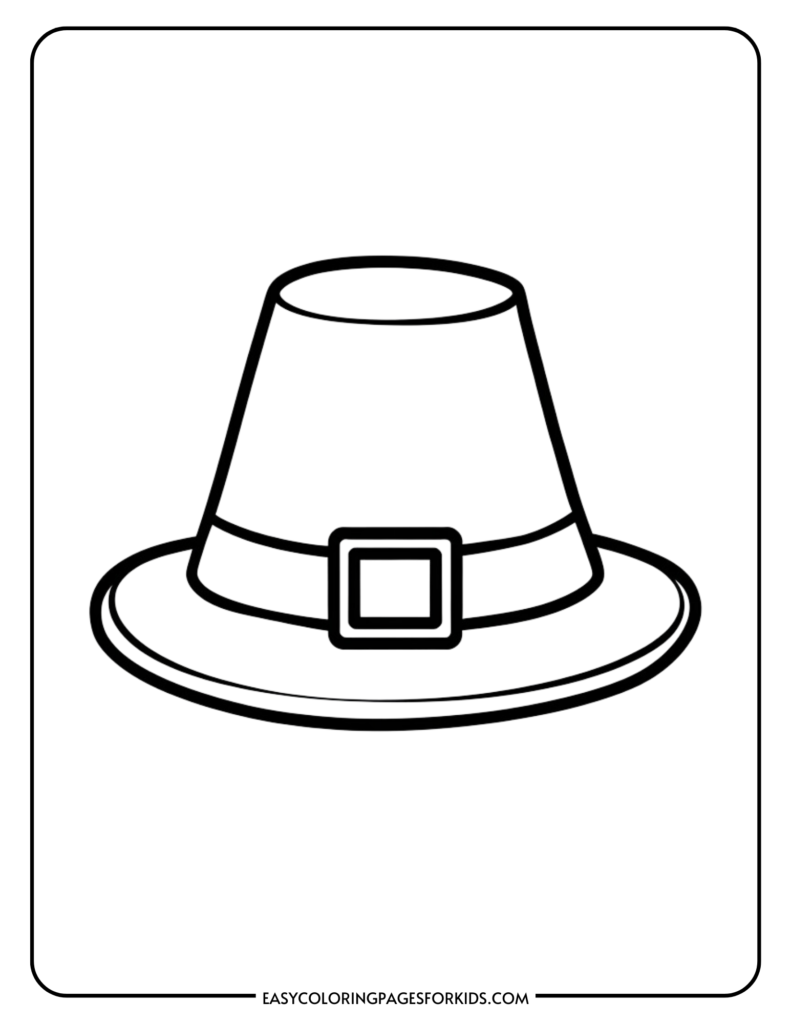 Black and white outline illustration of a traditional Pilgrim hat, featuring a wide brim and a square buckle on the band, suitable for coloring activities for kids.