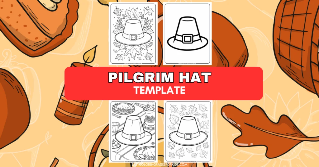 Pilgrim hat coloring template featuring four unique designs surrounded by autumn-themed elements such as pumpkins, leaves, and traditional Thanksgiving foods, ideal for kids' craft activities.