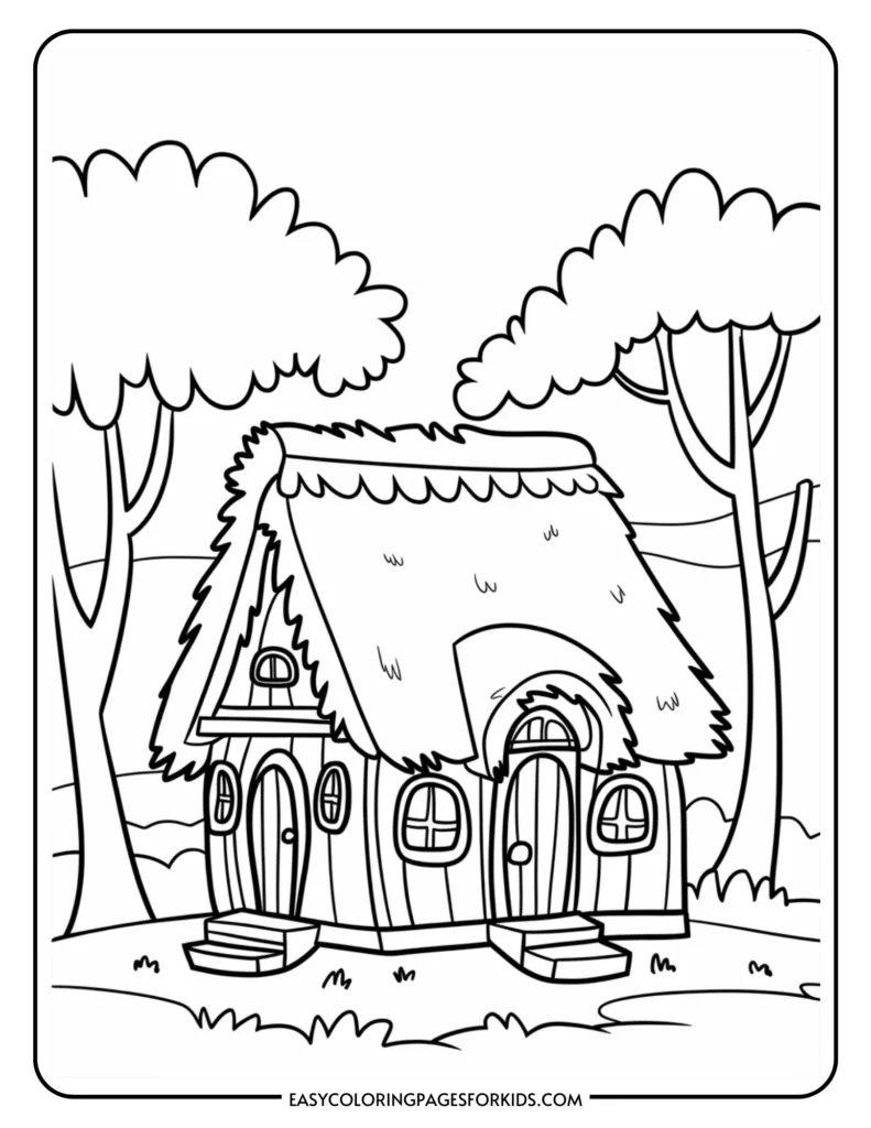 Coloring page featuring a whimsical cottage with a thatched roof, surrounded by trees and a scenic landscape, perfect for children's art activities.