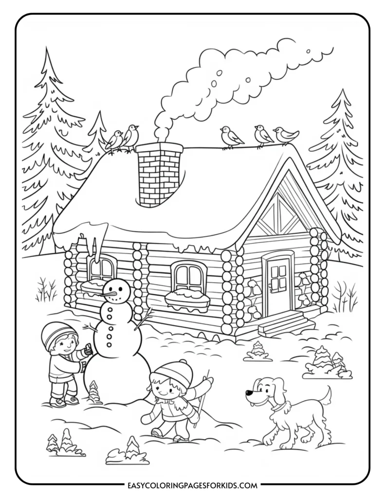 Two children building a snowman outside a log cabin, surrounded by snow-covered trees and birds on the roof, with a playful dog nearby. Ideal for winter-themed coloring activities for kids.