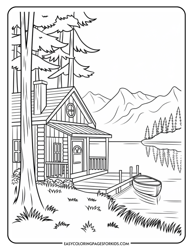 A black and white coloring page featuring a cozy cabin by a lake, surrounded by tall trees and mountains in the background, with a small boat docked at the pier. Ideal for children's creative activities.