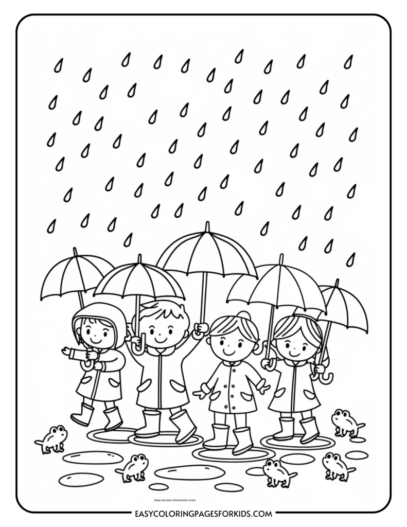 Four children holding umbrellas in the rain, wearing colorful raincoats and boots, standing in puddles with frogs around them. Ideal for a kids' coloring activity.