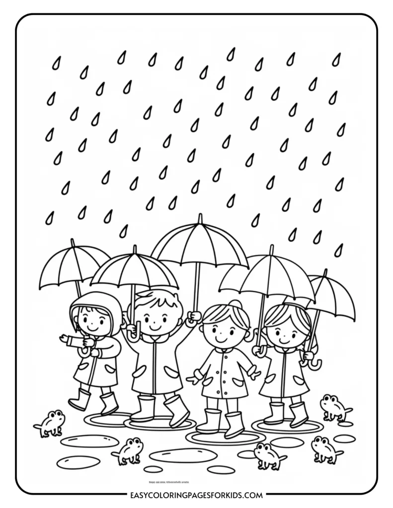 Four children holding umbrellas in the rain, wearing colorful raincoats and boots, standing in puddles with frogs around them. Ideal for a kids' coloring activity.