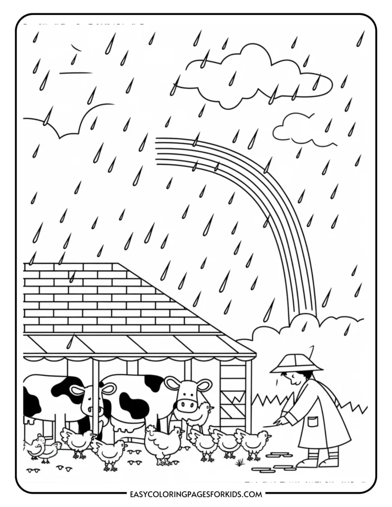 A farmer in a raincoat feeding chickens in front of a barn with cows, under a rainy sky with clouds and a rainbow. This black and white coloring page is designed for kids, featuring a farm scene.