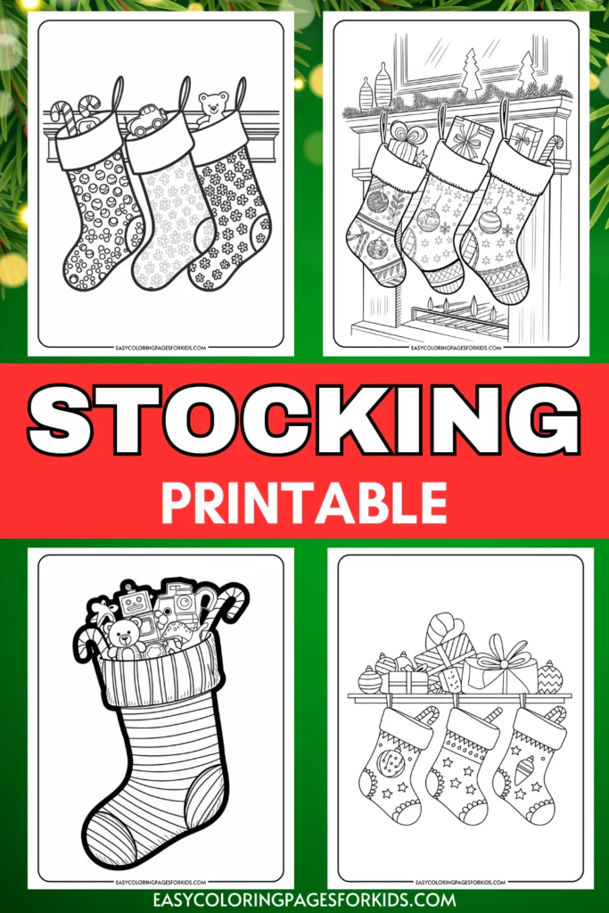 Christmas stocking coloring pages featuring various designs, including decorated stockings and festive gifts. Perfect for holiday-themed activities for kids. Downloadable printable for creative fun.