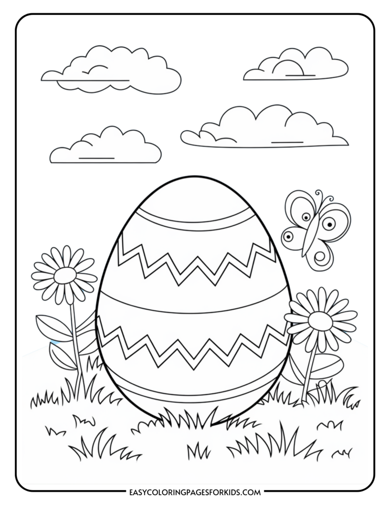 A black-and-white coloring page featuring a large Easter egg with zigzag patterns, surrounded by flowers and grass, with a butterfly and clouds in the background.