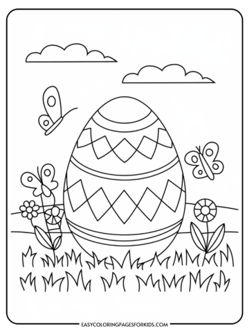 Coloring page featuring a large Easter egg with geometric patterns, surrounded by flowers and butterflies in a grassy field, under a cloudy sky.