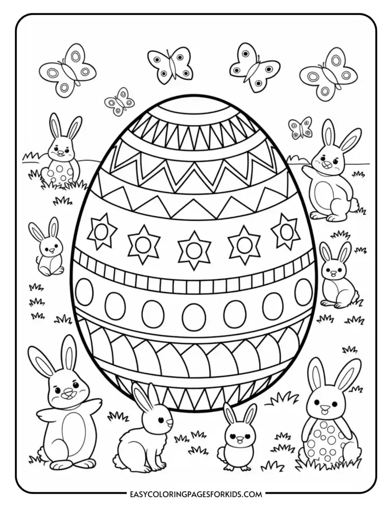Coloring page featuring a large decorated Easter egg surrounded by several smiling bunnies and butterflies.
