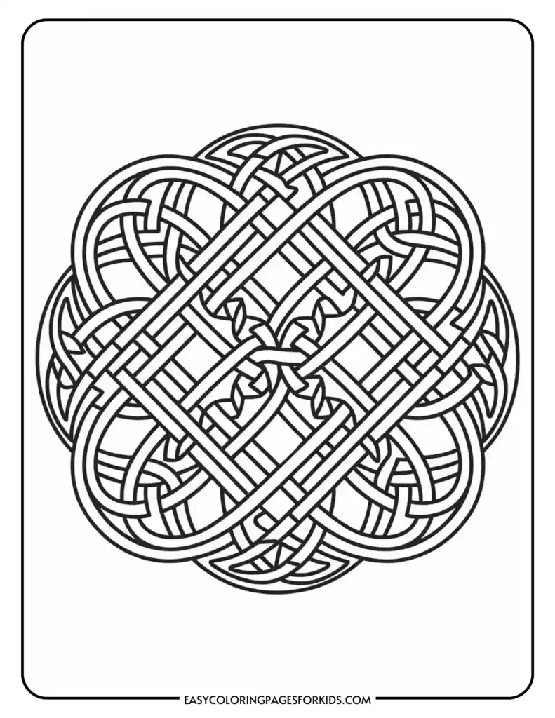 A complex Celtic knot design with intertwining loops and curves, forming an intricate symmetrical pattern on a rectangular page with rounded corners.