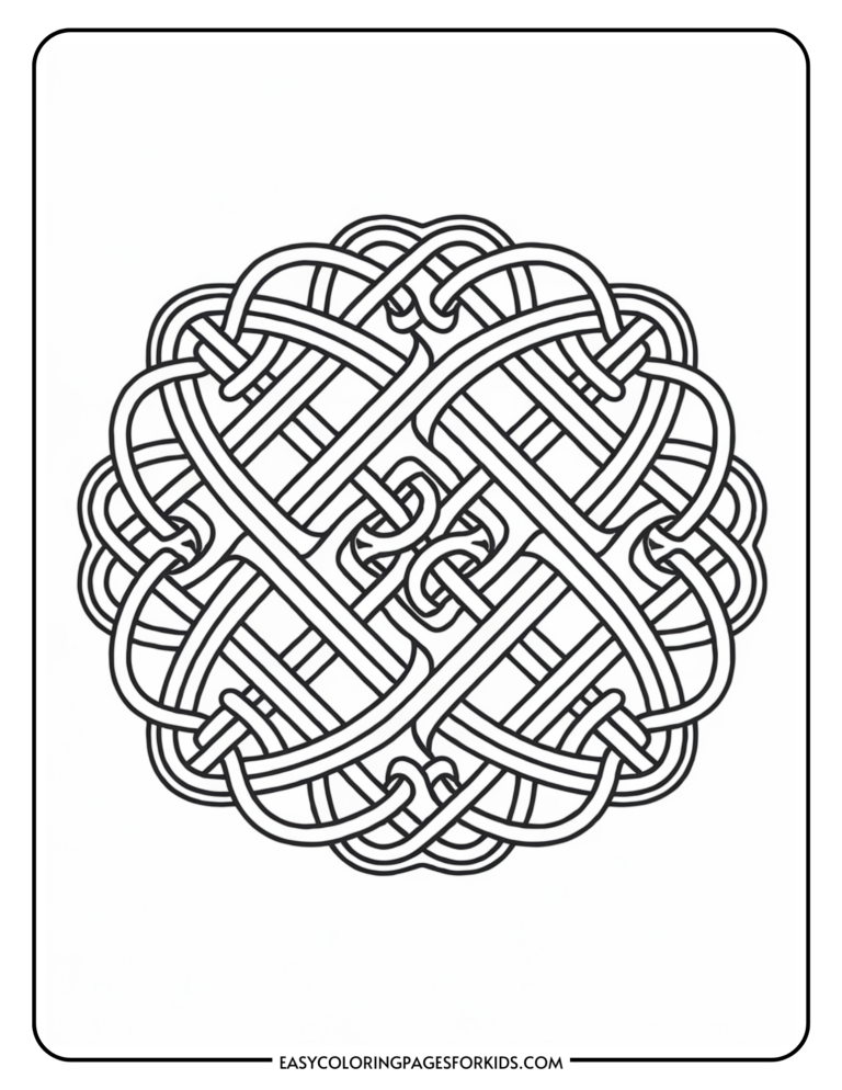 Intricate Celtic knot design with interwoven loops and lines creating a symmetrical pattern.