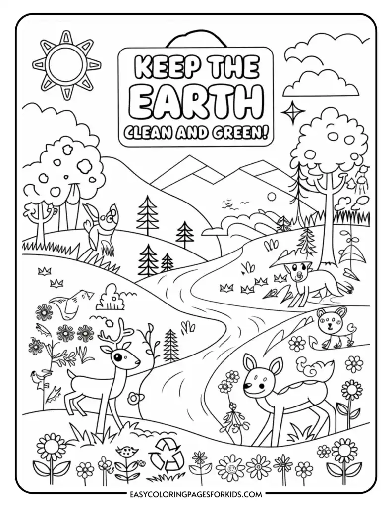 Coloring page featuring a nature scene with animals such as a deer, a fawn, an owl, and a squirrel, surrounded by trees, flowers, and a meandering river. A sun shines above, and the phrase "Keep the Earth Clean and Green!" is prominently displayed at the top.