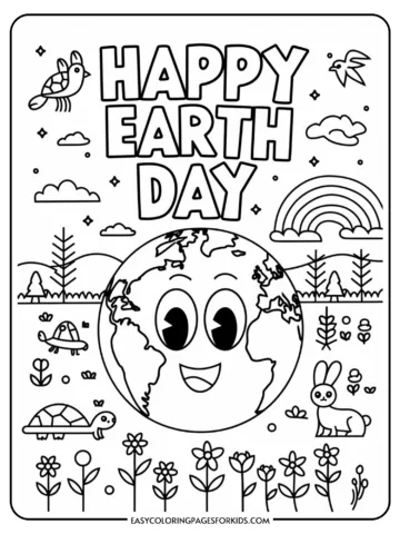 A coloring page featuring a smiling Earth with facial features, surrounded by a bird, a rabbit, a turtle, flowers, trees, clouds, and a rainbow, with the text 'Happy Earth Day' at the top.