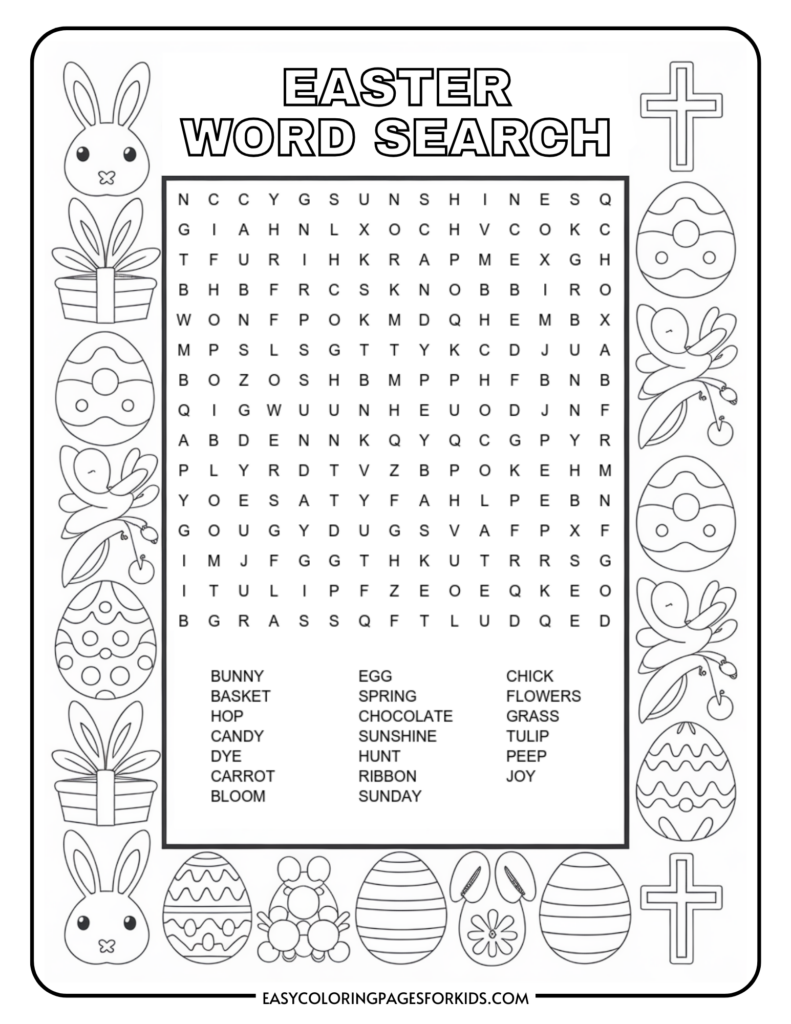 An Easter-themed word search puzzle with words like bunny, egg, spring, and chocolate to find. The border features illustrations of bunnies, Easter eggs, and a cross.