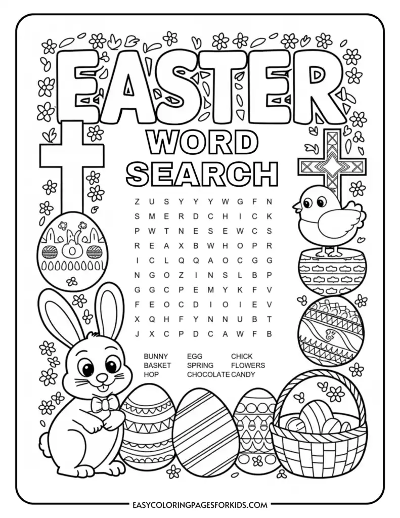A coloring page featuring an Easter-themed word search puzzle, a bunny holding an egg, decorated Easter eggs, and a chick. The words to find at the bottom include bunny, basket, hop, egg, spring, chocolate, chick, flowers, and candy.