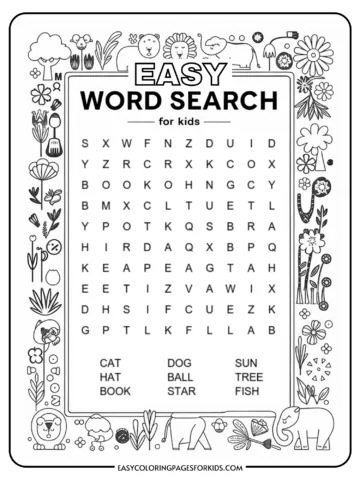 A children's easy word search puzzle with a grid of letters surrounded by animal and flower illustrations. Words to find include: CAT, DOG, HAT, BALL, BOOK, STAR, SUN, TREE, and FISH. The puzzle is designed for kids.