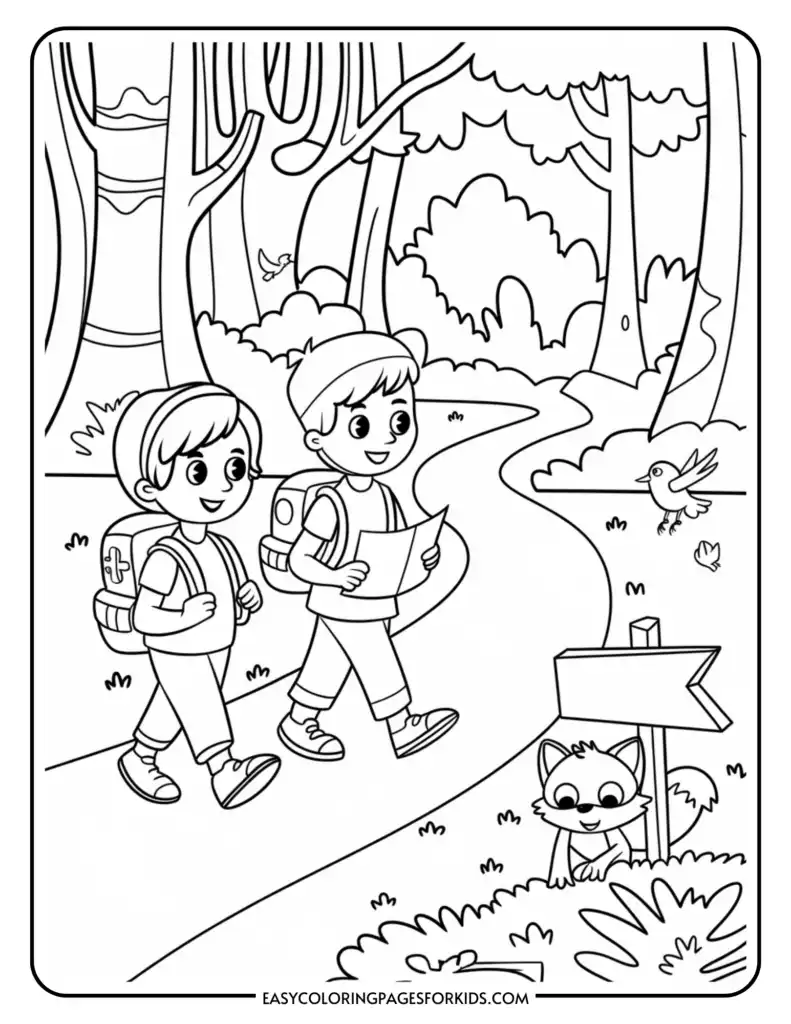 Two children with backpacks are happily hiking along a forest path, one holding a map, with trees, a bird, a signpost, and a small fox peeking from behind a bush.