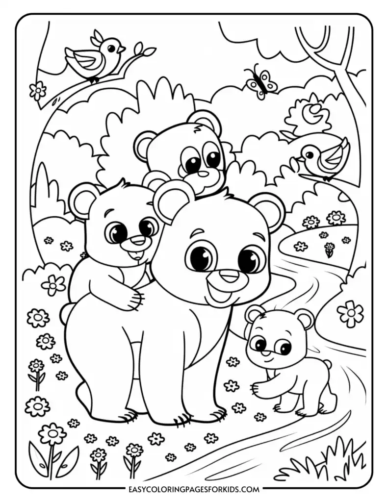 A coloring page featuring a smiling mother bear with two cubs on her back and one cub walking beside her in a flowery forest setting; birds are perched on the tree branches above.