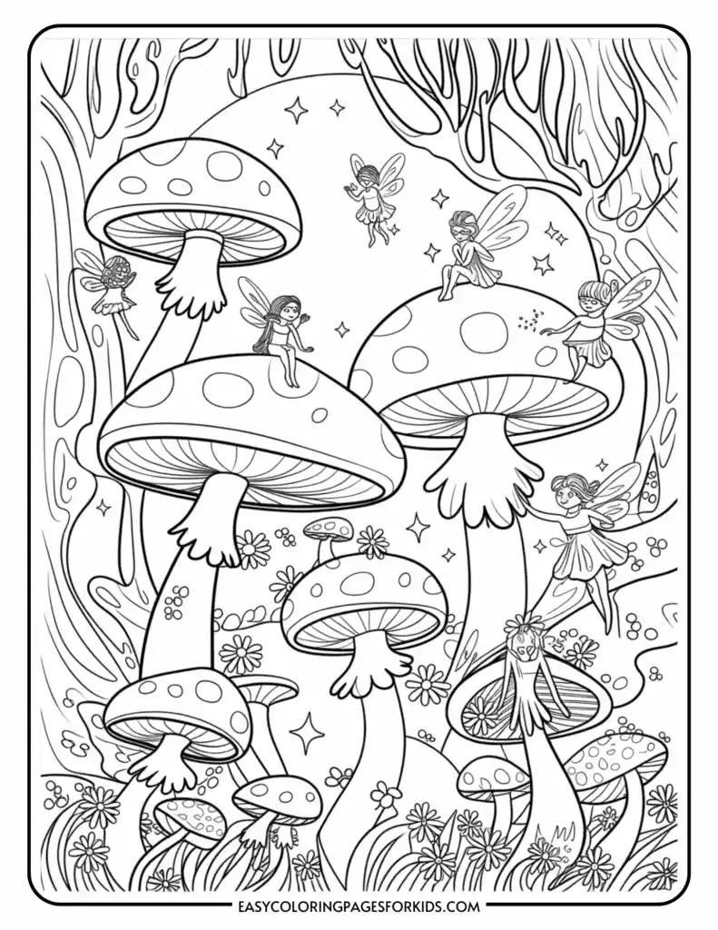 Black and white illustration of fairies with wings interacting with large mushrooms in a whimsical forest setting, surrounded by flowers and trees.
