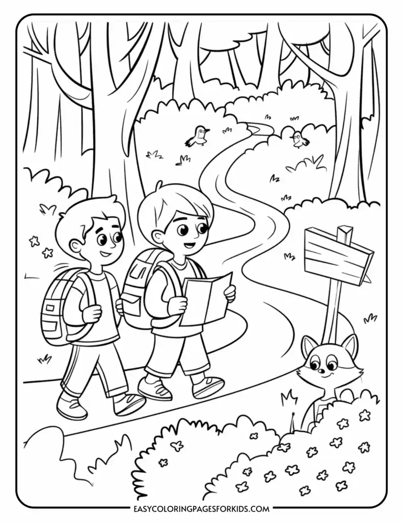 Two children with backpacks walk along a forest path, one holding a map; a raccoon peeks from behind bushes and birds are on the ground.