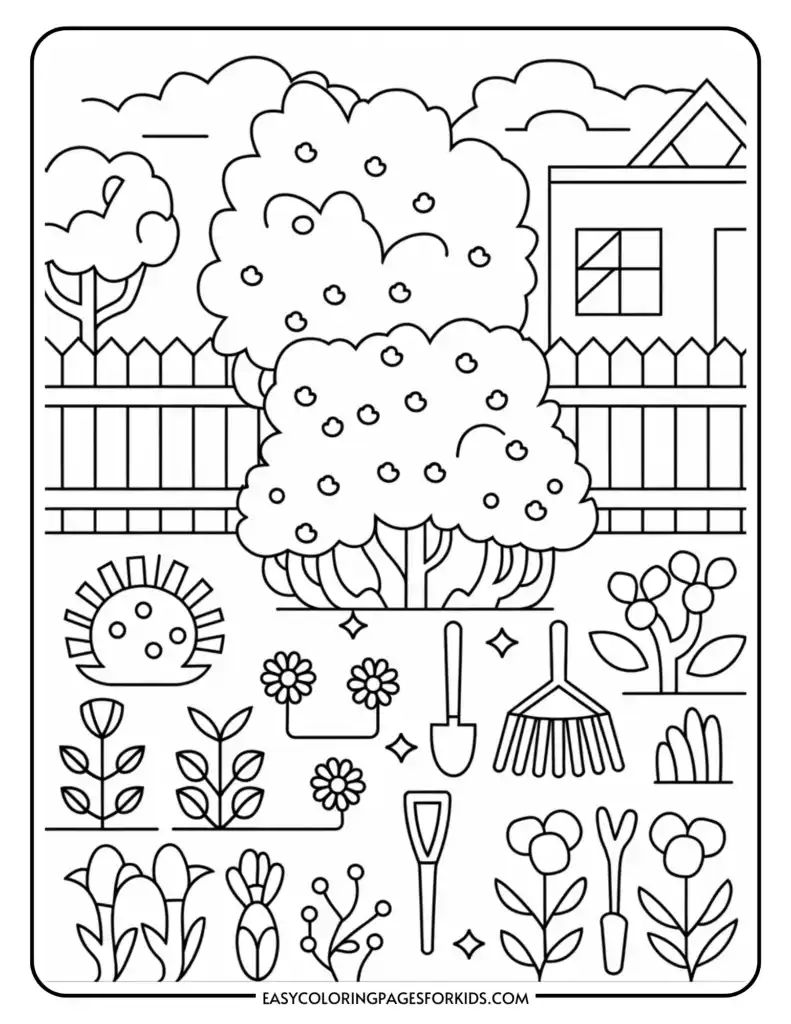 A garden-themed coloring page with trees, bushes, flowers, gardening tools, and a house with a fence in the background.