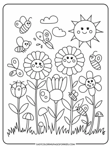 Coloring page featuring smiling flowers, bees, a butterfly, and a sun with a cheerful face in a garden scene.