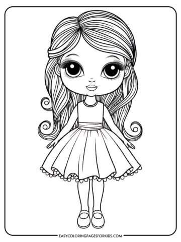 A black and white coloring page depicting a cartoon girl with long, wavy hair and large eyes, wearing a sleeveless dress with a flared skirt and a scalloped hem, standing with her feet close together.