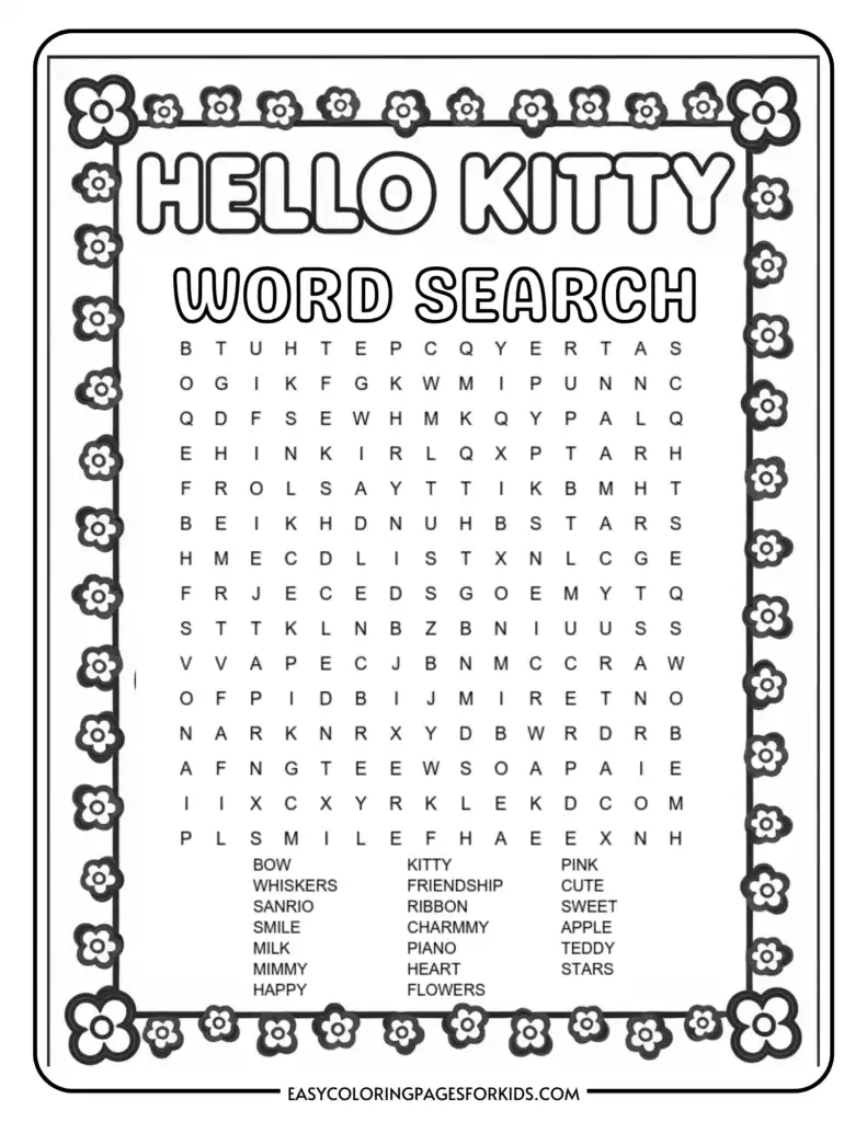 A Hello Kitty word search puzzle featuring a grid of letters surrounded by a floral border. Words to find are listed below the grid, including 'BOW', 'WHISKERS', 'SANRIO', 'SMILE', 'MILK', 'MIMMY', 'HAPPY', 'KITTY', 'FRIENDSHIP', 'RIBBON', 'CHARMMY', 'PIANO', 'HEART', 'FLOWERS', 'PINK', 'CUTE', 'SWEET', 'APPLE', 'TEDDY', and 'STARS'.