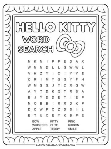 A Hello Kitty-themed word search puzzle with words to find, including 