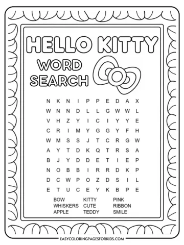 A Hello Kitty-themed word search puzzle with words to find, including 