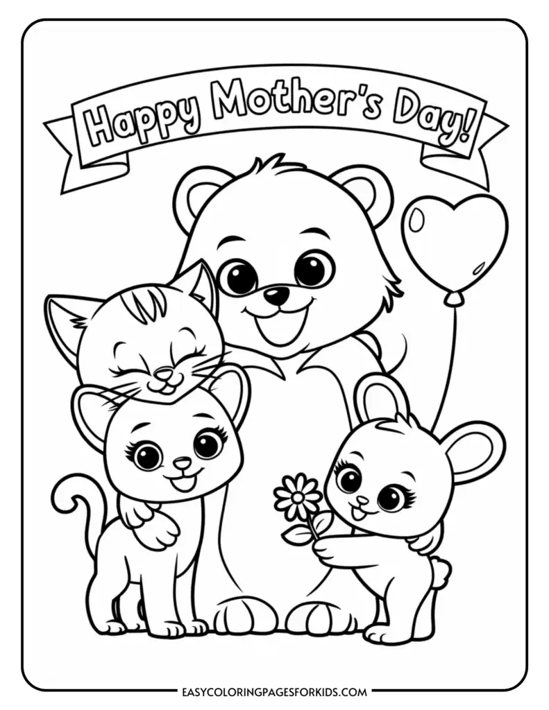 A coloring page with a cute bear, cat, and bunny celebrating Mother's Day, featuring a 'Happy Mother's Day!' banner at the top. The bear is holding a heart-shaped balloon, and the bunny is offering a flower.