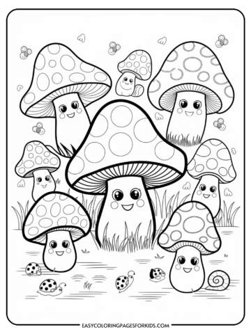 A coloring page featuring cartoon mushrooms with smiling faces, surrounded by grass, small ladybugs, and snails. The mushrooms have polka-dotted caps and cute expressions, making the scene playful and whimsical.