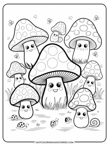 A coloring page featuring cartoon mushrooms with smiling faces, surrounded by grass, small ladybugs, and snails. The mushrooms have polka-dotted caps and cute expressions, making the scene playful and whimsical.