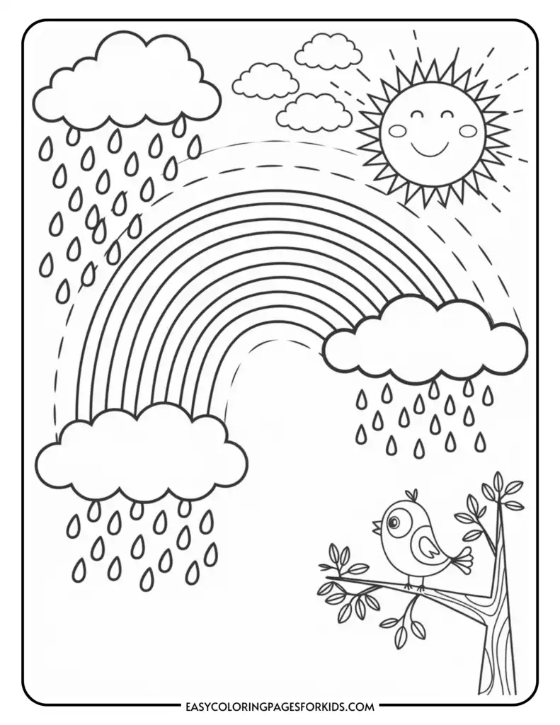 Coloring page featuring a smiling sun, clouds with raindrops, a rainbow, and a bird on a tree branch.