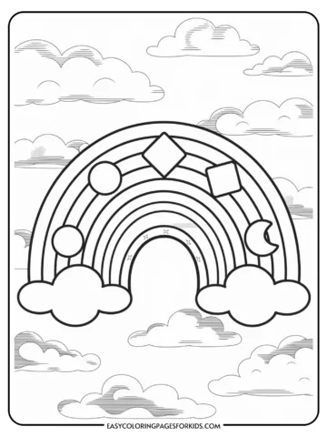 A coloring page featuring a rainbow with various shapes like a circle, crescent, square, and diamond embedded within its arches, surrounded by clouds.