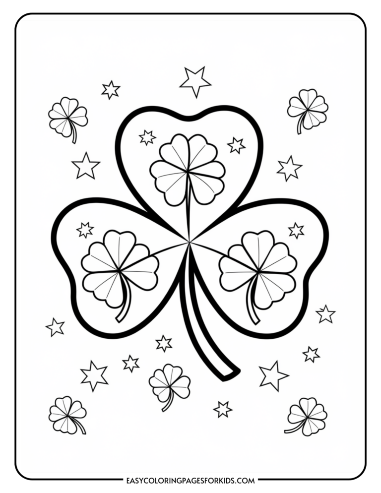 A coloring page featuring a large shamrock with three heart-shaped leaves, surrounded by smaller shamrocks and stars on a plain background.