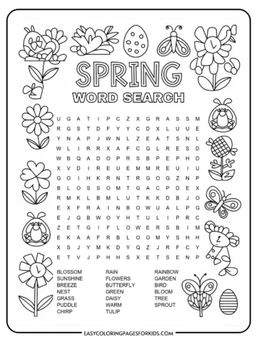A black and white spring-themed word search puzzle featuring words like blossom, sunshine, breeze, and rainbow. The border is decorated with drawings of flowers, butterflies, a bee, and a decorated egg, suitable for coloring.