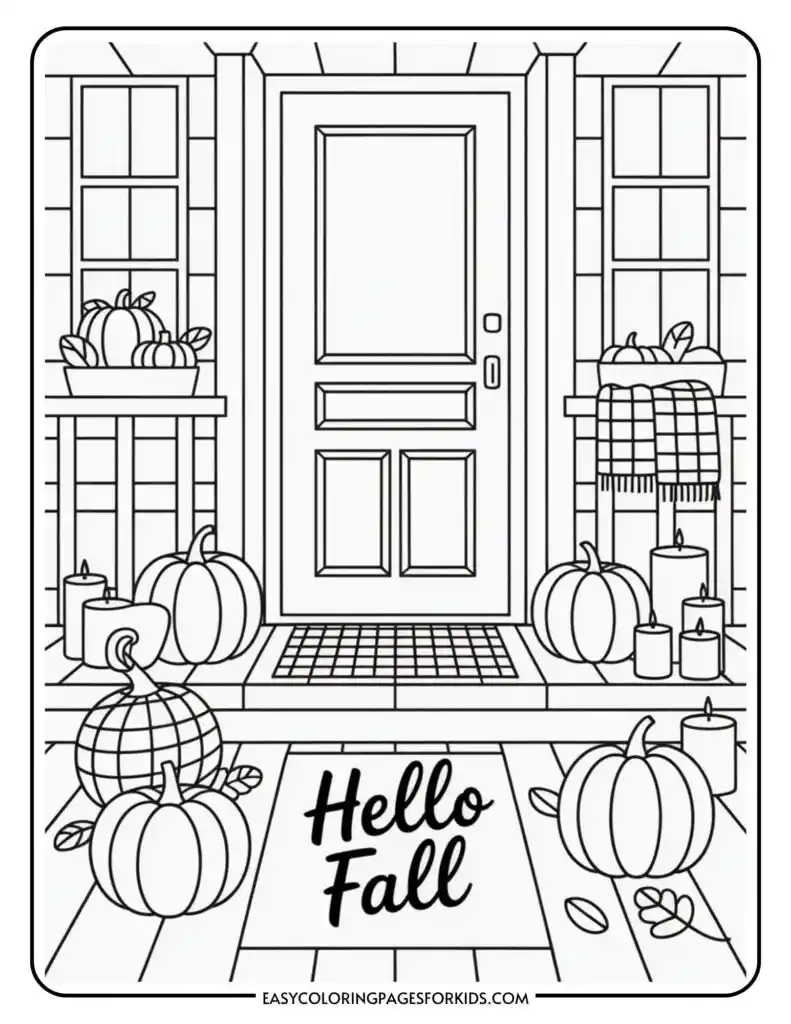 A coloring page depicting a front porch decorated for fall, featuring pumpkins, candles, and a 'Hello Fall' welcome mat in front of the door, with baskets of pumpkins on either side.