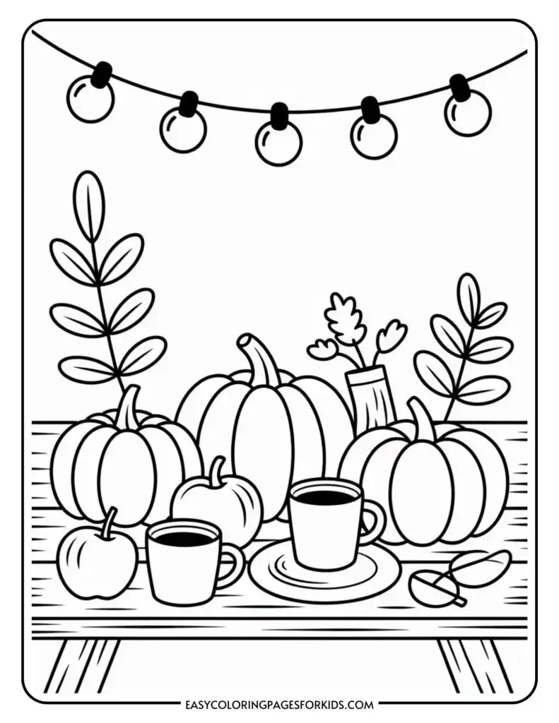 A coloring page featuring pumpkins, apples, and coffee cups on a picnic table, with plants and string lights in the background.