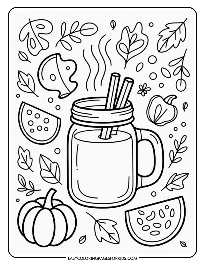 A coloring page featuring a steaming mug with two cinnamon sticks, surrounded by fall elements like pumpkin, leaves, and apple slices.