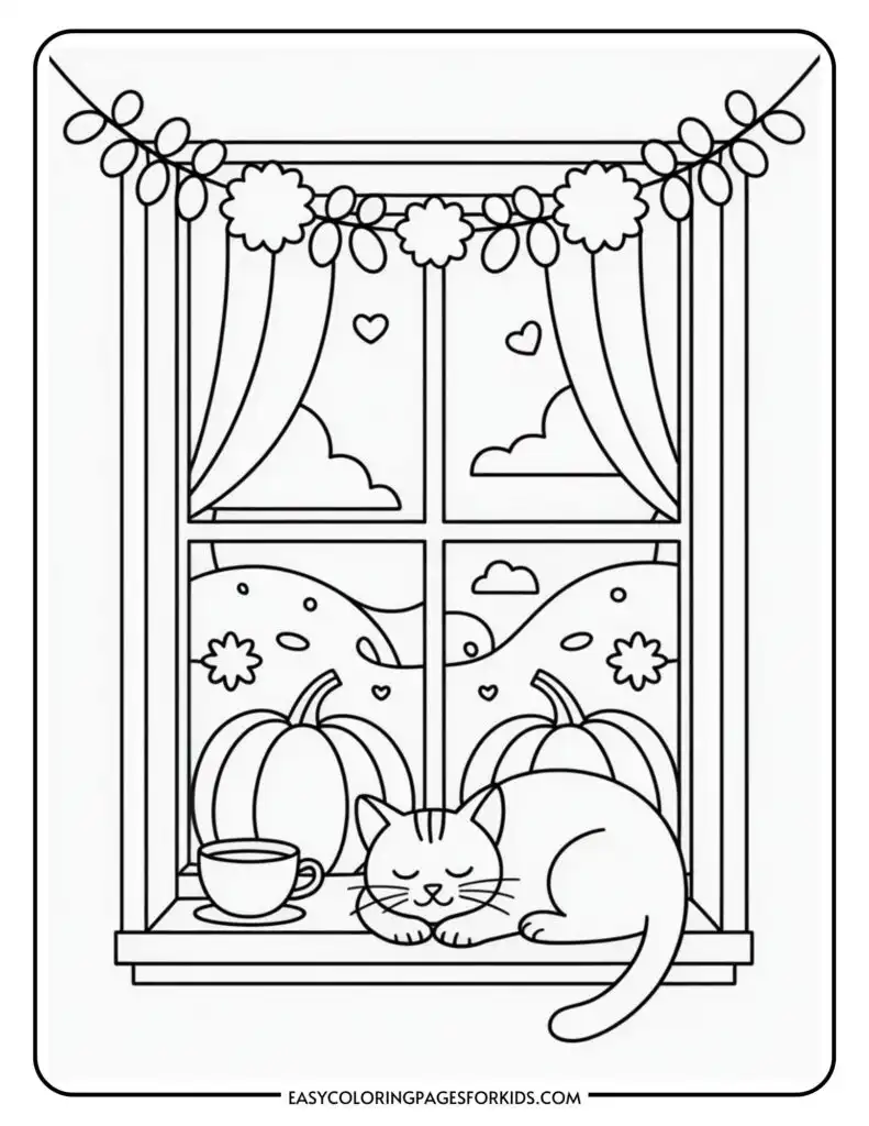 A coloring page depicting a cozy scene with a cat sleeping on a windowsill, surrounded by pumpkins and a cup. Above the window hangs a garland, and outside, a scenic view shows hills, clouds, and hearts in the sky.